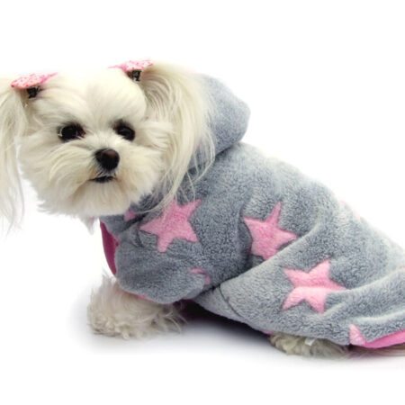 Doppelseitiger Bademantel für Hunde ROSA-GREY STERNCHEN