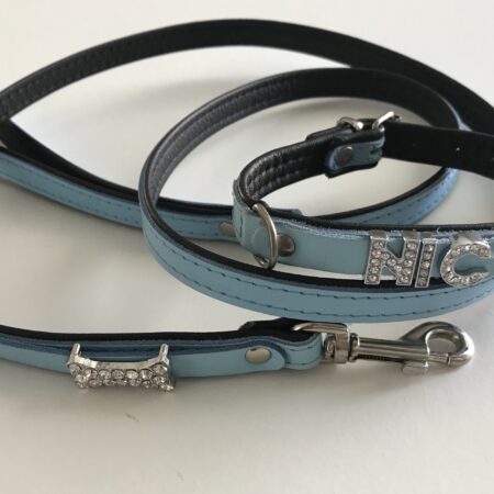 Halsband + Leine Lederset  inkl.Hundename + Schmuck LIGHT BLUE