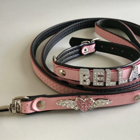 Halsband + Leine Lederset  inkl.Hundename + Schmuck ROSA