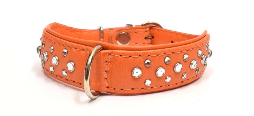 Luxus Lederhalsband Ziegenleder mit Strass  ORANGE EXTREM WEICH