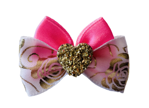 Schleife ,Spange GOLD HEART ROSA-Weiss